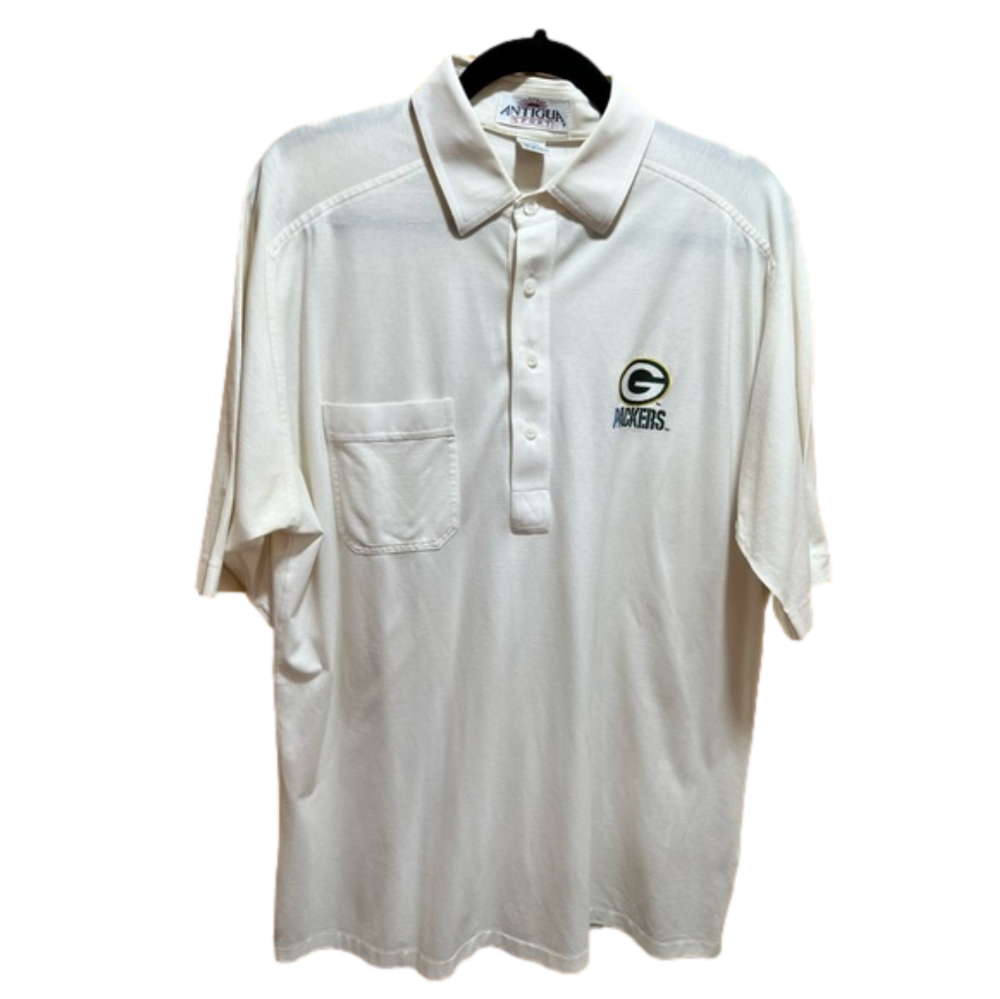 Vintage Large Green Bay Packer Antigua Men’s Coaches Polo Shirt EUC White JIT2